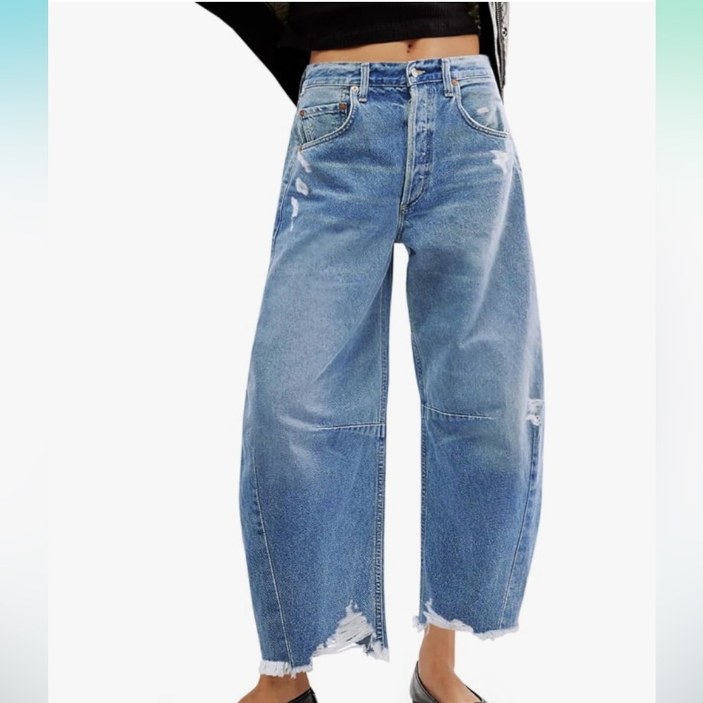 Baggy Wide Leg Jeans Barrel Horseshoe Boyfriend Cropped Raw Hem